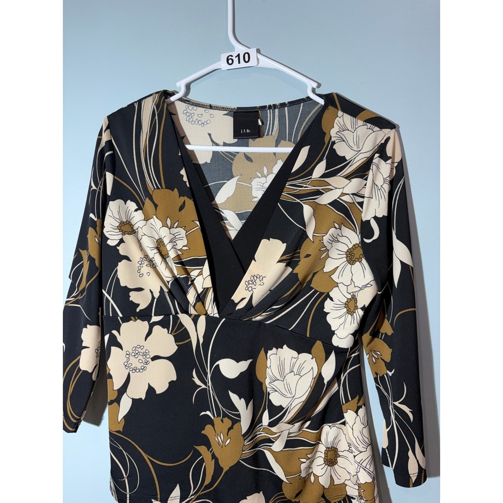 J.T.B. Womens Floral Surplice V-Neck 3/4 Sleeve Blouse‎ Black Tan Cream Size M